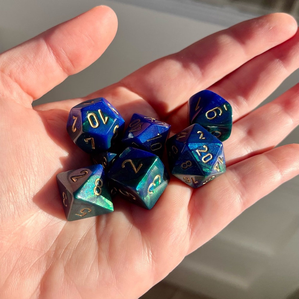 NIB 7-piece blue/green dice TTRPG dice set with gold ink